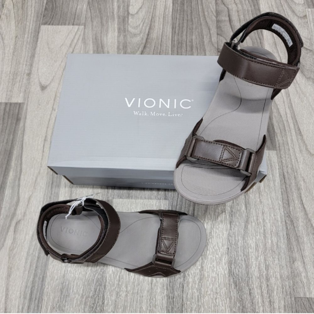 New! Vionic Velcro Adjustable Canoe Leo Men's Brown Leather Strap Sandal